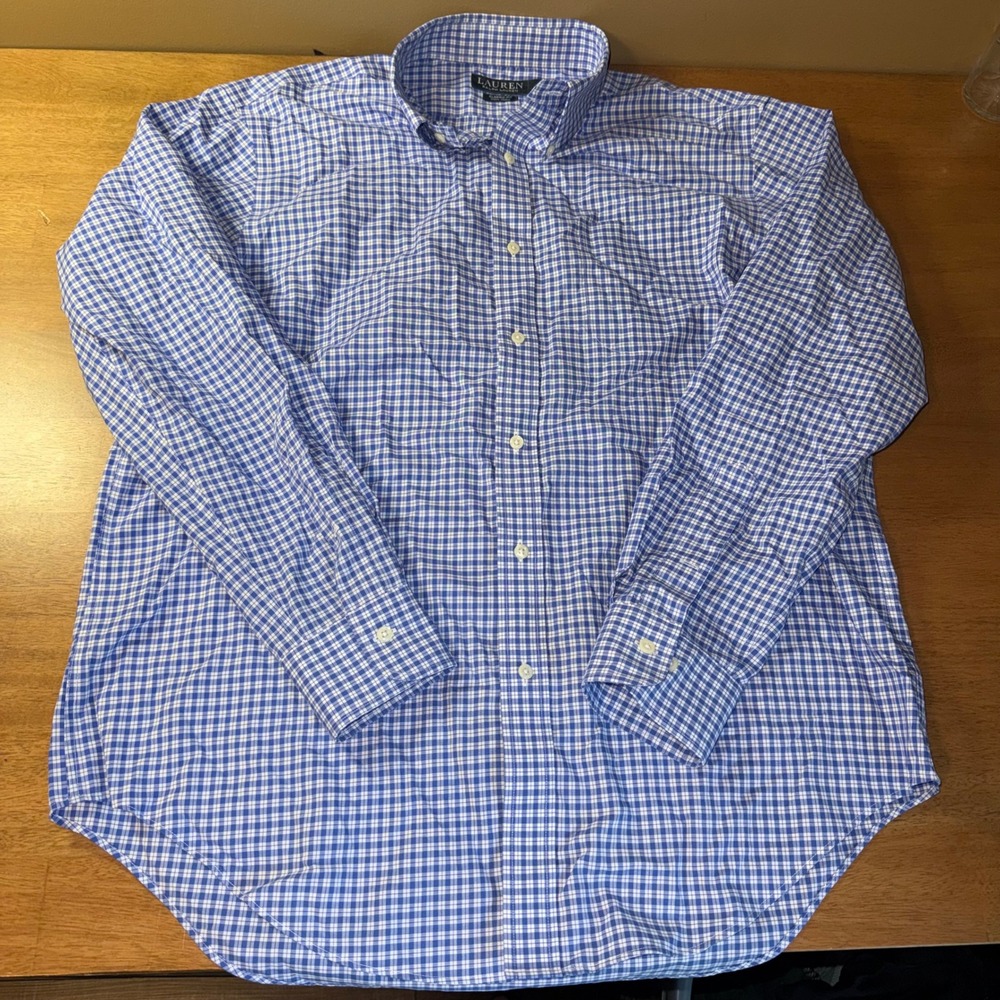 Lauren Ralph Lauren Mens Blue White Gingham Non Iron Dress Shirt 16.5 34/35